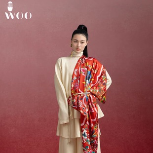嫵WOO 一团和气喜庆红色真丝印花丝巾大方巾围巾送礼 礼赠推荐