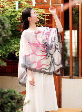 嫵WOO【限时折扣】青荷映水春夏刺绣披肩女丝巾印花桑蚕丝大方巾