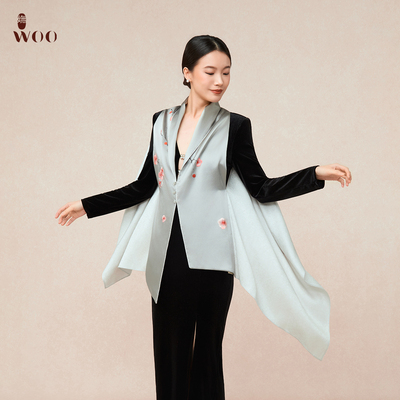 嫵Woo【限时折扣】桃梦花影印花桑蚕丝真丝大长巾新中式披肩斗篷