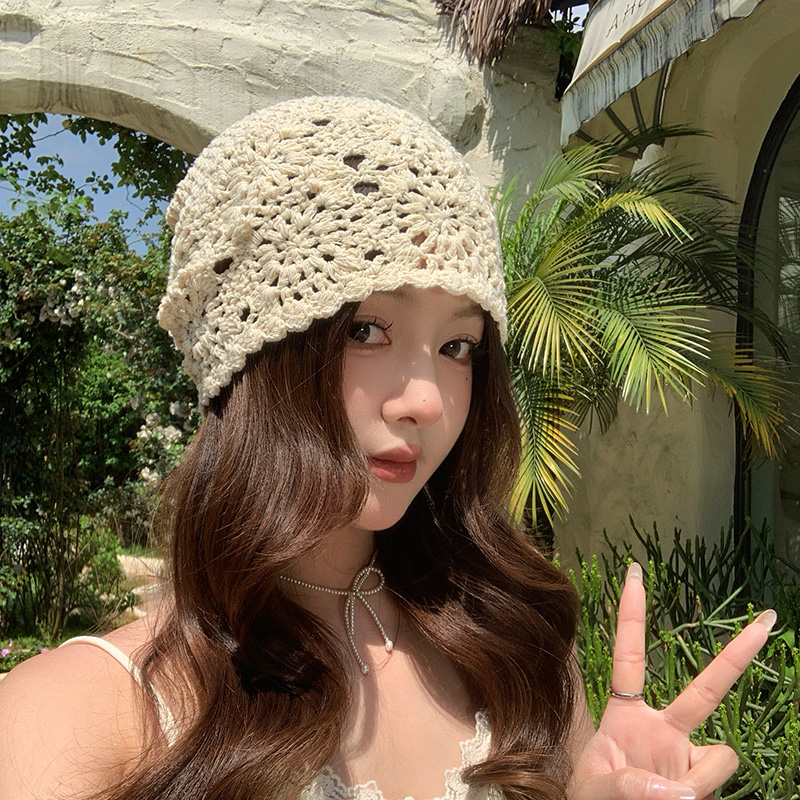 手工编织包头帽子女春夏季薄款镂空毛线针织帽显脸小可爱堆堆帽潮