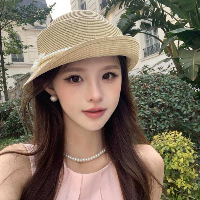 法式赫本风草帽礼帽女夏季复古显脸小卷边千金风海边防晒遮阳帽子