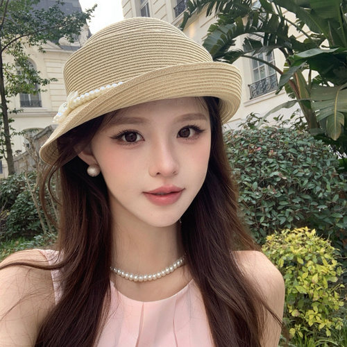 法式赫本风草帽礼帽女夏季复古显脸小卷边千金风海边防晒遮阳帽子