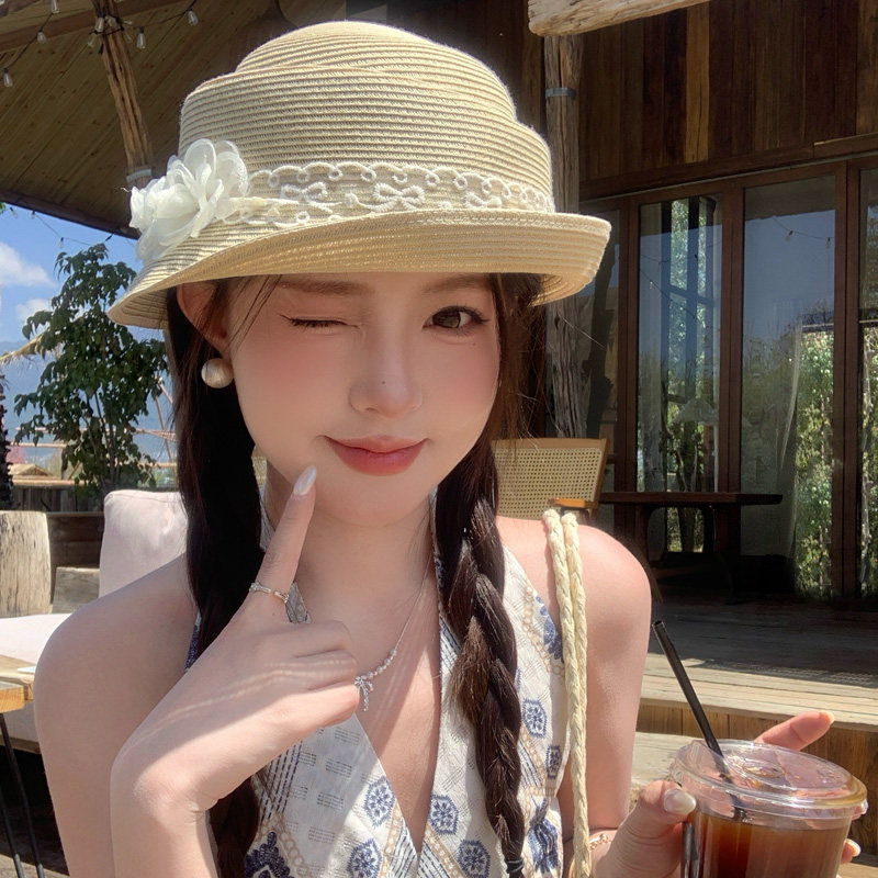 法式复古千金风花朵卷边草帽女夏季海边度假风遮阳帽礼帽防晒帽子