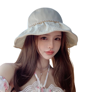 夏季太阳遮阳帽子女款防晒小香珍珠白色渔夫帽2026新款大帽檐夏天