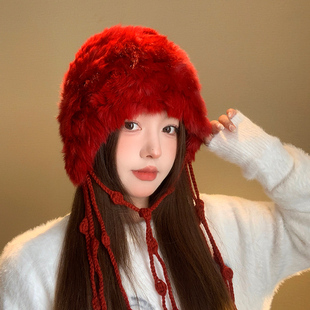 红色兔毛针织毛绒帽女款秋冬季显脸小流苏护耳帽加厚保暖雷锋帽子