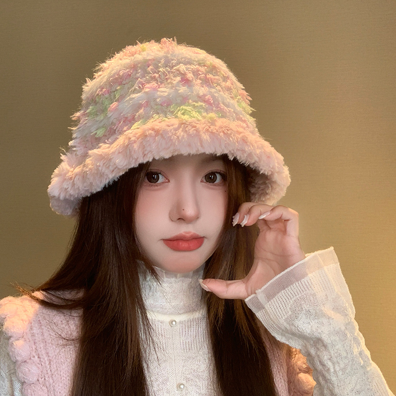 可爱毛绒渔夫帽女秋冬季显脸小百搭甜美大头围保暖针织帽水桶帽子
