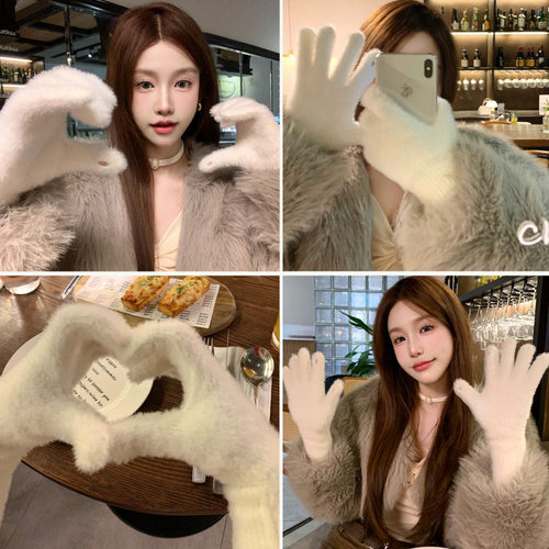 女毛绒漏指手套可触屏