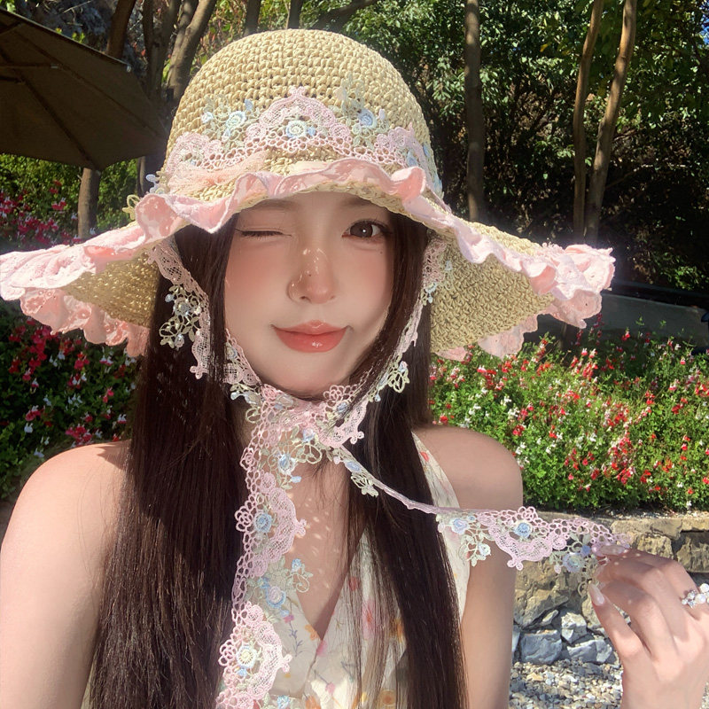 粉色碎花边飘带草帽女夏季大帽檐遮阳防晒帽海边沙滩度假太阳帽子