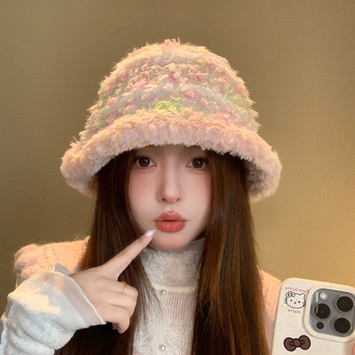 可爱毛绒渔夫帽女秋冬季显脸小美拉德毛线帽保暖大头围针织盆帽子