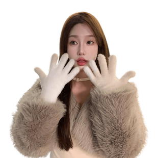 白色毛线手套女冬天保暖露指纯色毛绒针织学生骑行电动车可触屏潮