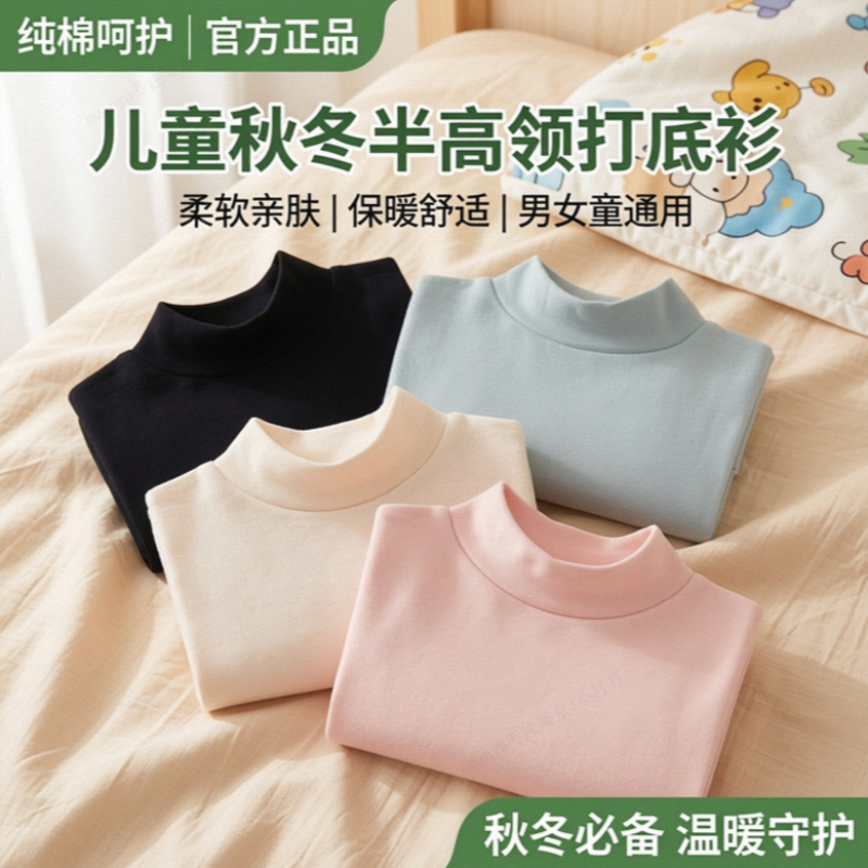 儿童保暖打底衫全棉2025秋冬儿童半高领长袖纯棉男童女童秋衣内搭,童装/婴儿装/亲子装,儿童POLO衫,淘宝优惠券,粉丝福利购,淘宝优惠卷
