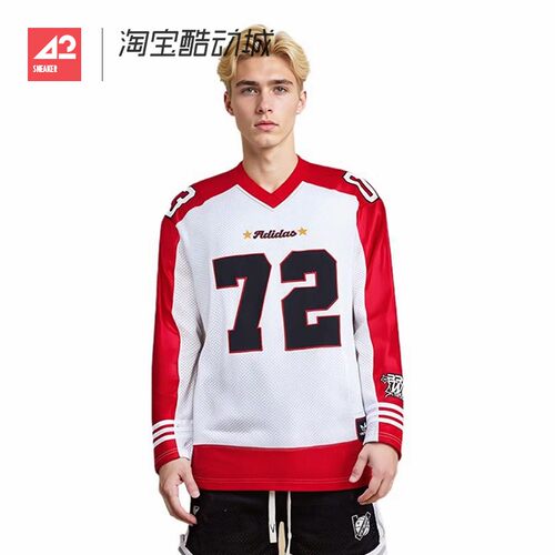 42运动家 Adidas三叶草男女V领复古篮球风运动宽松长袖T恤 KA8004