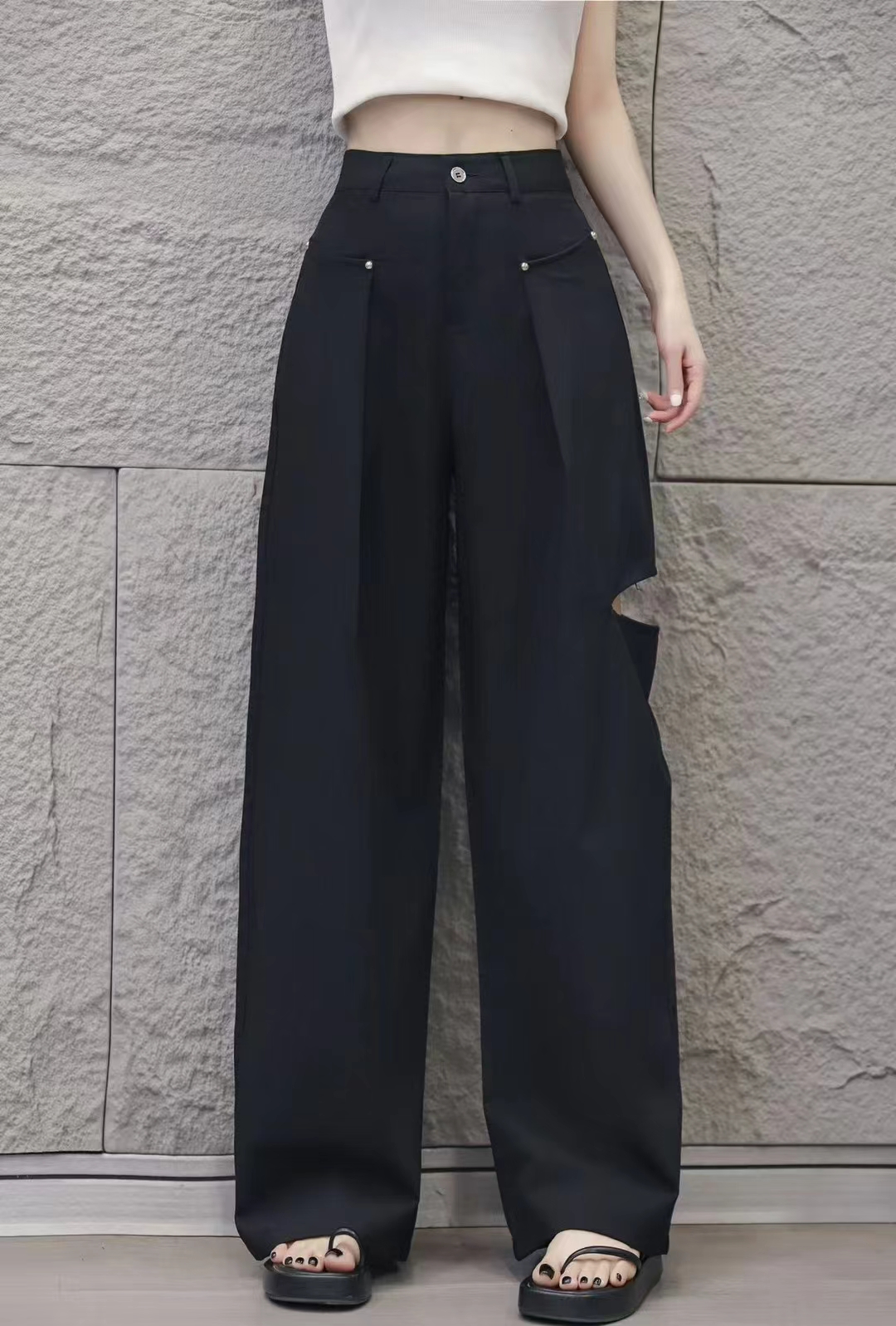 欧洲站2025夏季新款时尚破洞西装裤女设计感拉链薄款直筒阔腿长裤