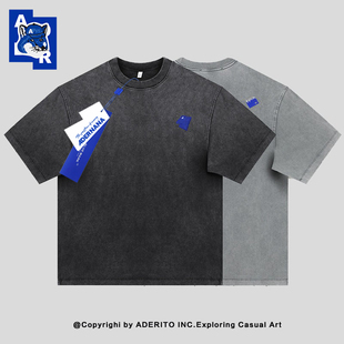 韩国ADER T恤男女情侣宽松做旧方块刺绣潮牌圆领 NANA极简纯棉短袖