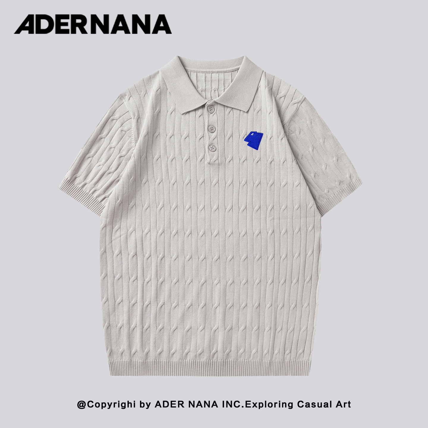 韩国ADER NANA学院风POLO领麻花针织衫短袖宽松情侣T恤