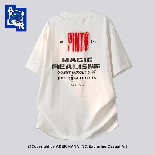 ADERNANA潮牌纯棉破洞短袖T恤