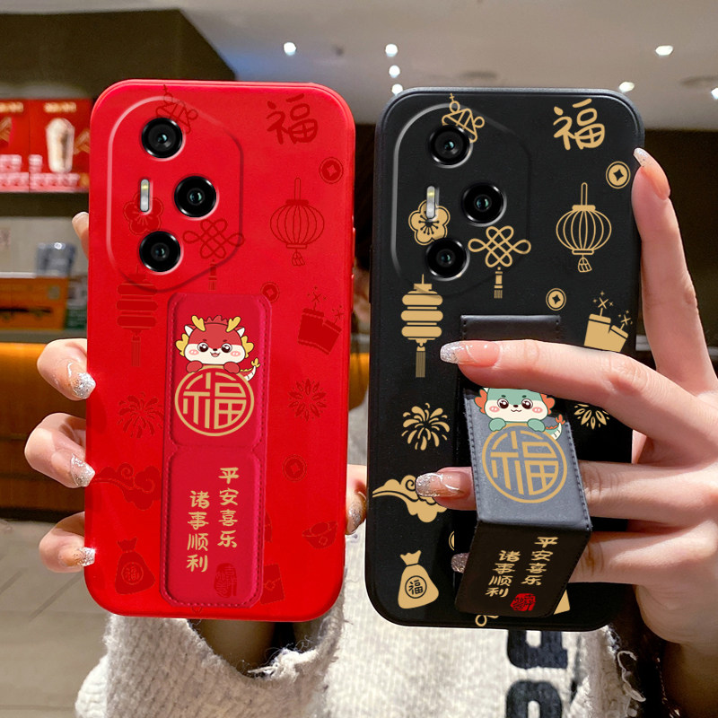 适用于荣耀500手机壳400Pro福龙300Ultra/200/100Pro磁吸支架荣耀90/80Pro/70防摔60男女款折叠腕带硅胶软壳