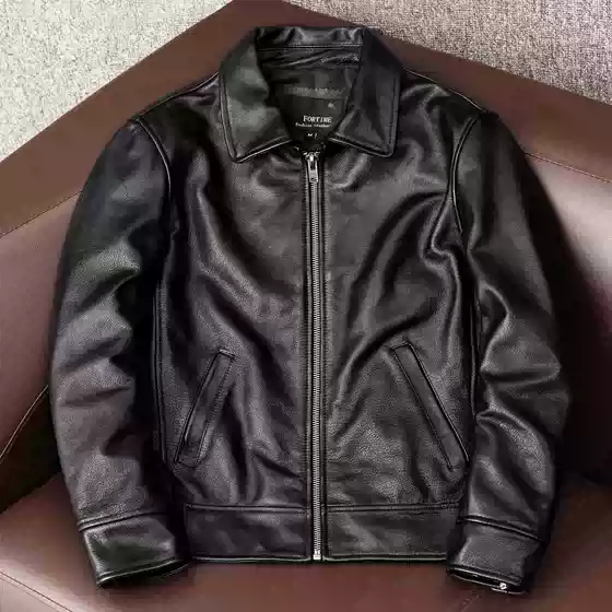 2023 New Style Simple Pure First-Layer Cowhide Soft Genuine Leather Jacket Men's Short Slim-Fit Lapel Coat