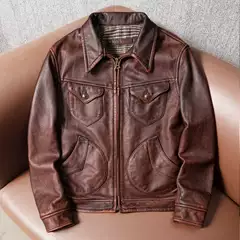 Vintage Distressed First-Layer Cowhide Mendoza Men's Lapel Biker Jacket Genuine Leather Jacket Winter Coat