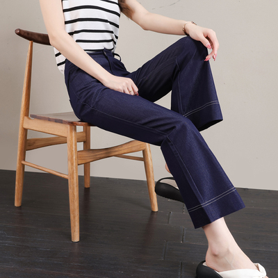 微喇牛仔裤女夏薄款高腰垂感冰丝丹宁蓝八分九分小个子直筒喇叭裤