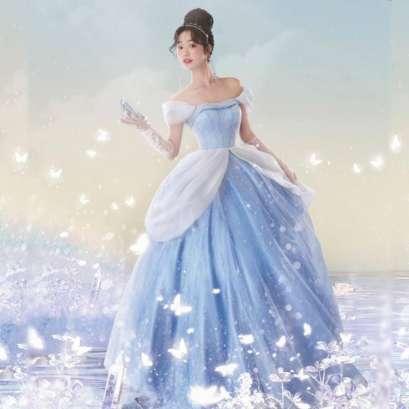 万圣节辛德瑞拉cosplay仙帝公主裙灰姑娘蓝色晚礼服舞台演出服装