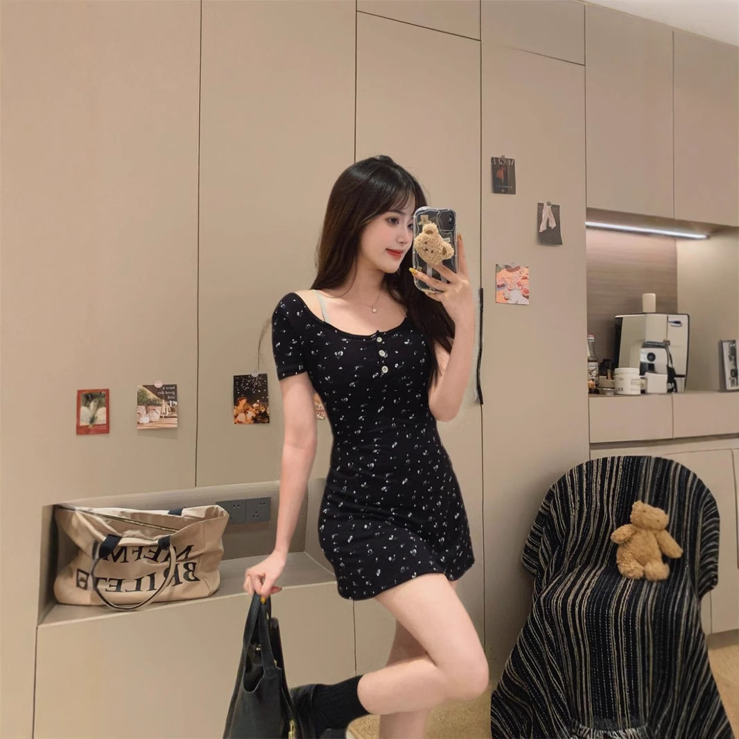 5082#人棉法式碎花短袖假两件连衣裙夏季高级短裙收腰显瘦包臀裙