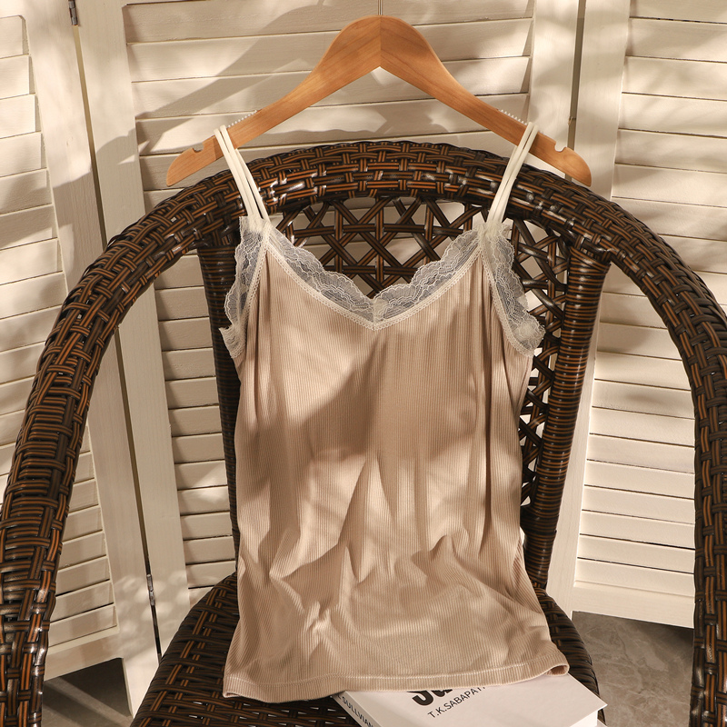 夏薄港风纯欲双肩带蕾丝花边V领美背带胸垫女螺纹莫代尔吊带背心