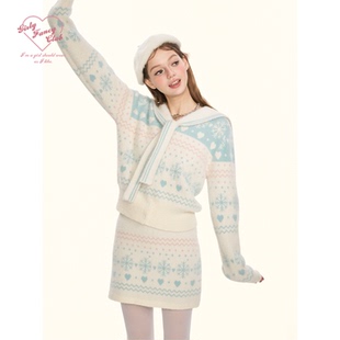GirlyFancyClub奶油小雪人 冬日雪花海军领貂毛针织毛衣半身套装