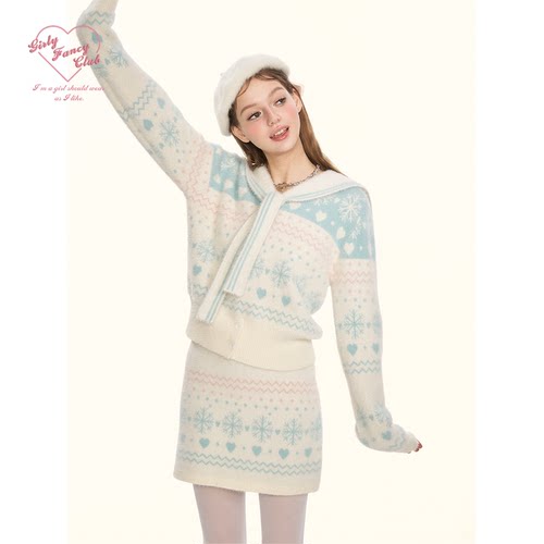GirlyFancyClub奶油小雪人*冬日雪花海军领貂毛针织毛衣半身套装