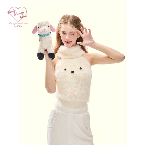 GirlyFancyClub超嗲立体狗狗脸软糯貂毛针织无袖高领削肩背心毛衣