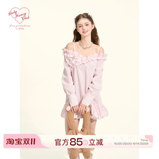 GirlyFancyClub嗲系Bubble 早秋粉色花边条纹露肩泡泡连衣裙 Girl