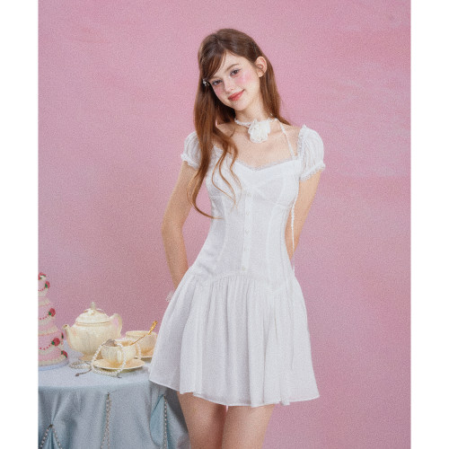 GirlyFancyClub夏日绝美小裙子纯欲风穿搭a字收腰短袖白色连衣裙