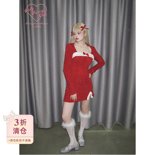 红色羽毛纱针织修身 GirlyFancyClub圣诞穿搭 连衣裙冬 清仓3折