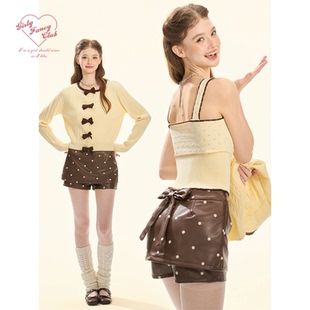 GirlyFancyClub复古甜心系列 可可棕蝴蝶结刺绣波点显瘦皮质裙裤