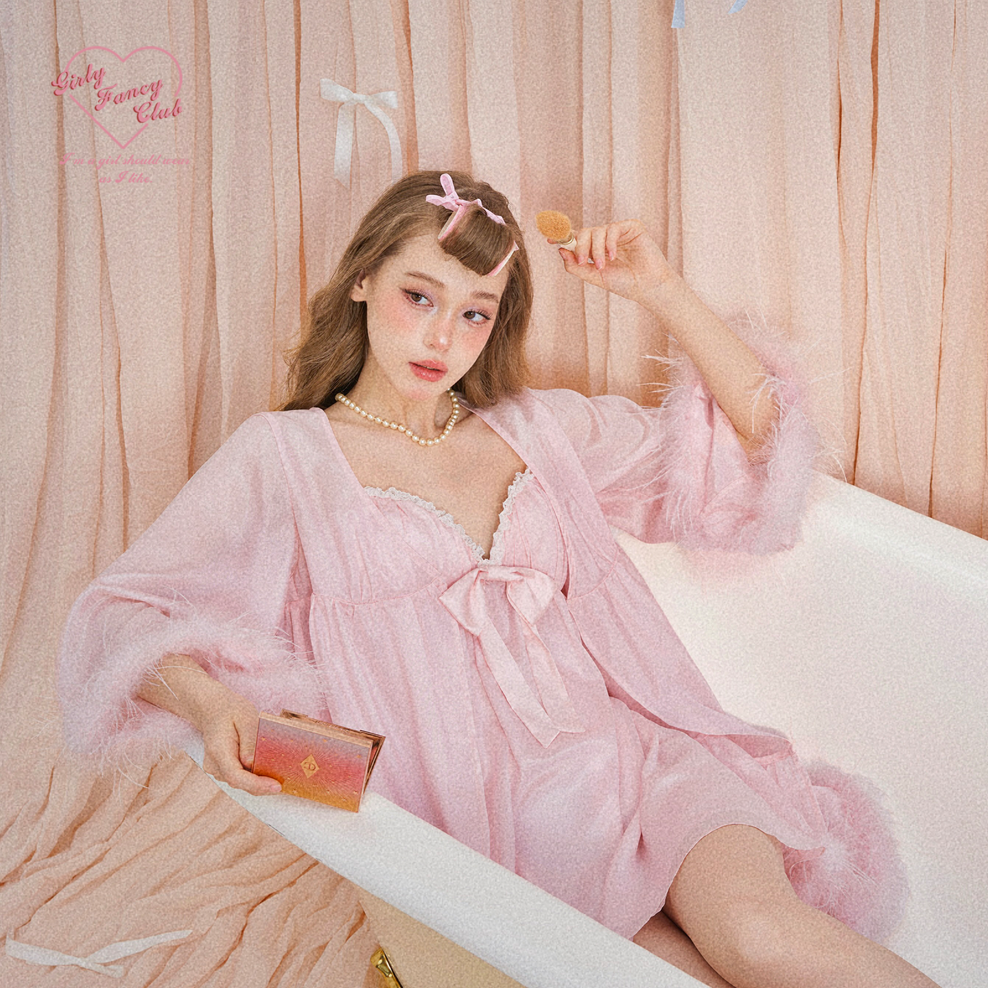GirlyFancyClub居家系列*doll感少女重工定制鹅毛条粉色外搭睡袍