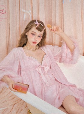GirlyFancyClub居家系列*doll感少女重工定制鹅毛条粉色外搭睡袍