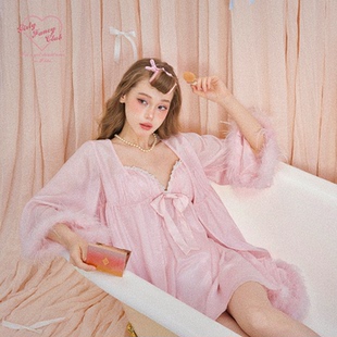 GirlyFancyClub居家系列*doll感少女重工定制鹅毛条粉色外搭睡袍