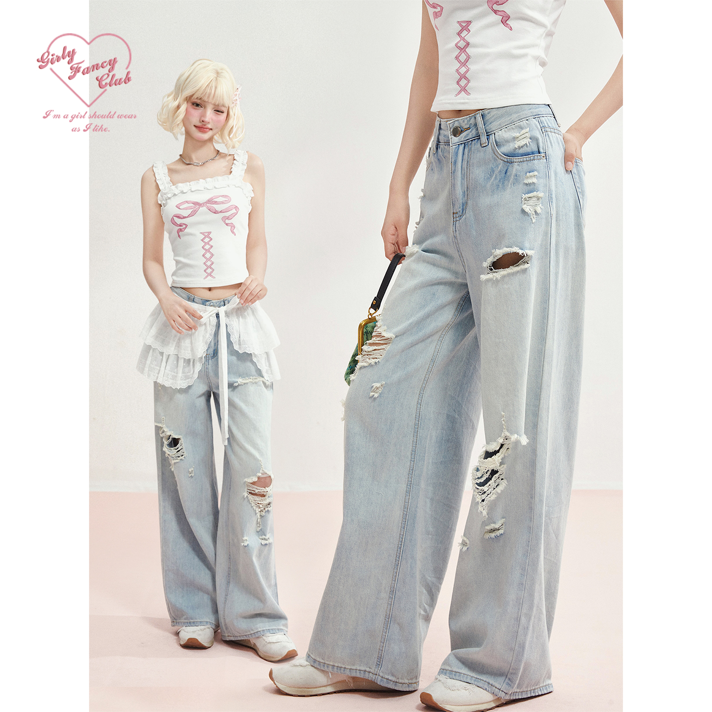 GirlyFancyClub破洞牛仔裤女夏簿款水洗无弹百搭直筒宽松阔腿裤子