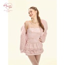 GirlyFancyClub娇憨甜心 生日派对粉色厚缎毛毛边吊带蓬蓬连衣裙