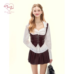 皮套装 GirlyFancyClub糖心巧克力 复古系带束腰马甲背心百褶裙裤
