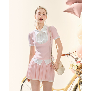 GirlyFancyClub元气少女学院粉色短袖针织假两件上衣百褶半裙套装