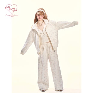 套装 GirlyFancyClub奶油甜妹 蝴蝶结小印花连帽拉链卫衣外套卫裤