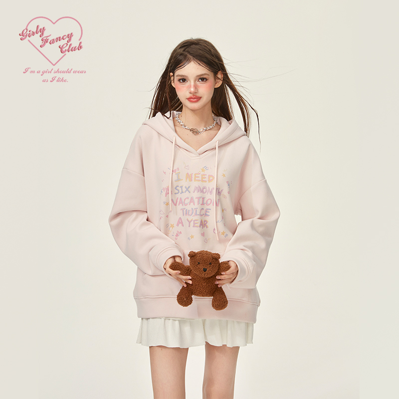 GirlyFancyClub秋冬粉色字母印花宽松套头连帽上衣加厚加绒卫衣女