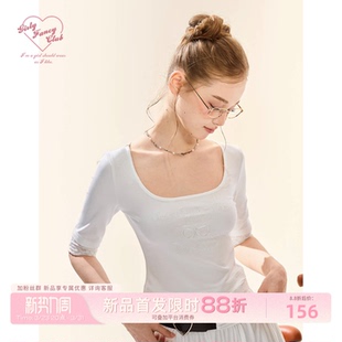 Balletcore刺绣蕾丝边U领修身 GirlyFancyClub 20点 t恤上衣