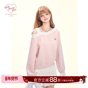 GirlyFancyClub芭蕾风变奏*波点拼接奶油粉空气棉花边T恤斜肩卫衣