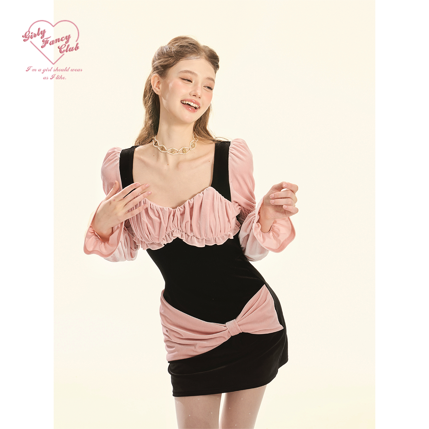 GirlyFancyClub 12/8 20点 black pink 复古甜心蝴蝶结丝绒连衣裙