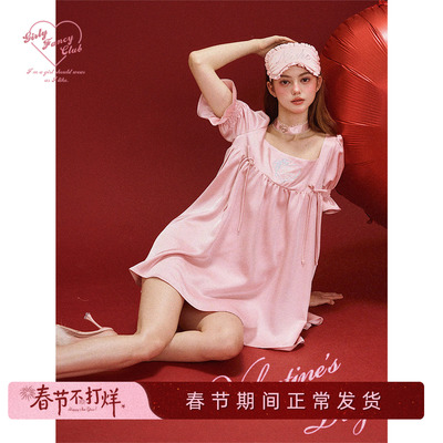 GirlyFancyClub七夕居家系列*Dolly睡裙外穿泡泡袖缎面娃娃连衣裙