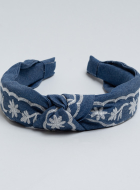 新款欧美时尚 优雅气质蓝色刺绣花朵发带发箍女 时尚百搭发夹头巾