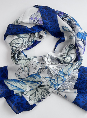 出口围巾女春秋 优雅气质蓝色叶子精致印花丝巾 百搭旅游薄大方巾