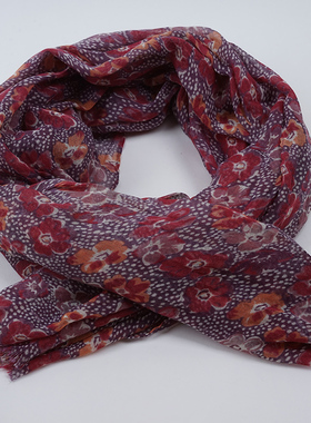 新款欧美时尚 优雅气质紫色印花围巾丝巾女春秋 百搭长款旅游纱巾